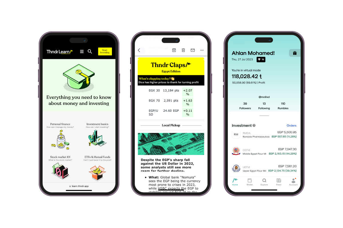 screenshots for Thndr app, thndr learn, and thndr claps